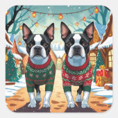 Sticker Carré Boston Terrier Dogs Christmas Snow Holiday (Devant)