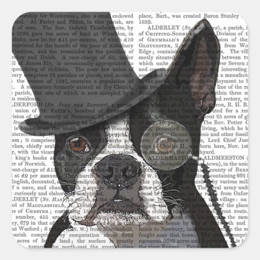 Sticker Carré Boston Terrier, Formal Hound et Casquette (Devant)