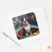 Sticker Carré Boston Terrier sur une rame : une aventure Pittore (Enveloppe)