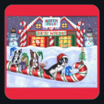 Sticker Carré Boston Terriers Sucre de canne Père Noël Christmas<br><div class="desc">Créé à partir d'une peinture acrylique originale de Blonde Blythe. Visitez www.blondeblythe.com</div>