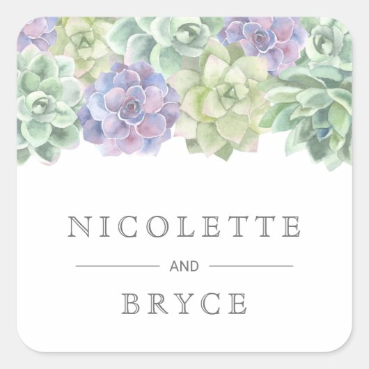 Sticker Carré Botanique vert et violet Succulents Mariage (Devant)