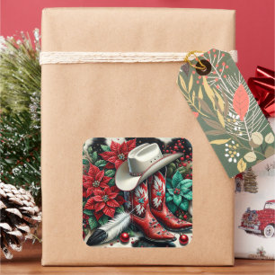 Sticker Carré Botte de cowboy Ouest Vacances Vache florale Caché