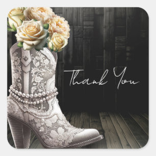 Sticker Carré Bottes de cowgirl à lacets et fleurs blanches mari