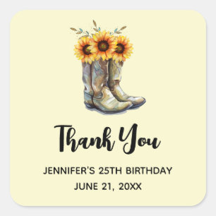 Sticker Carré Bottes rustiques Cowboy avec Merci de tournesol