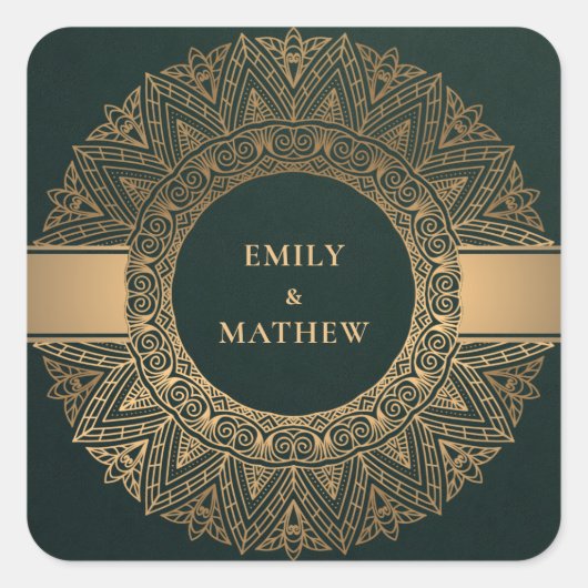 STICKER CARRÉ BOTTLE VERT OR CLASSIQUE ORNATE MANDALA MARIAGE (Devant)