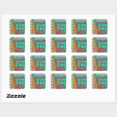 Sticker Carré Bouddha Pop avec des bordures en Patchwork en bleu (Feuille)