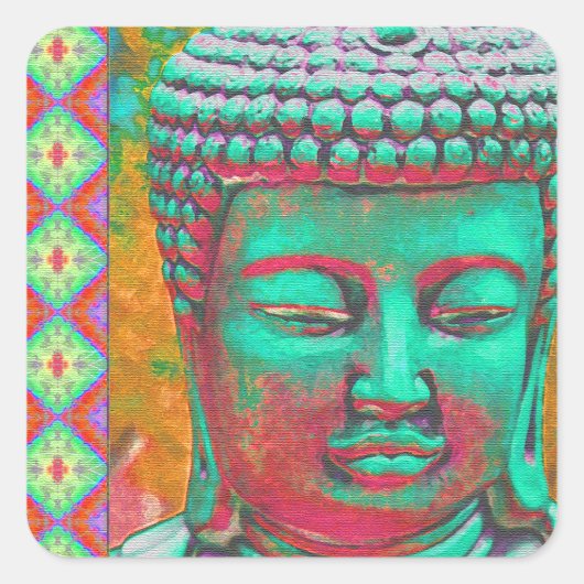 Sticker Carré Bouddha Pop avec des bordures en Patchwork en bleu (Devant)