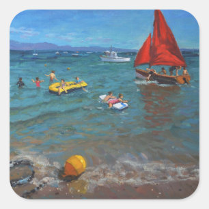 Sticker Carré Bouée jaune et voiles rouges Abersoch