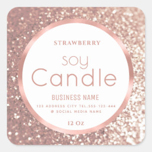 Sticker Carré Bougie de soja pailletée avec feuille d'or rose au