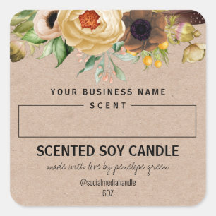 Sticker Carré Bougie de soja parfumée de Kraft Floral Blank Spac