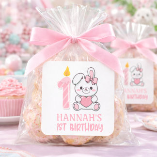 Sticker Carré Bougie Lapin Rose Anniversaire Fille Un An