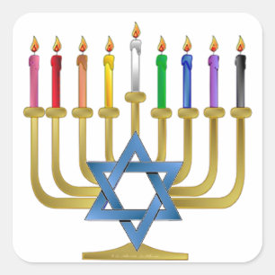 Sticker Carré Bougies arc-en-ciel de Hanukkah Menorah en or
