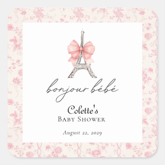 Sticker Carré Boujour Bebe Paris Toile Baby shower rose (Devant)