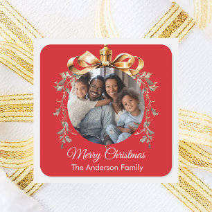 Sticker Carré Boule de Noël rouge or famille photo