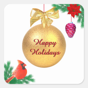 Sticker Carré Boule de vacances de Noël, oiseau et pomme de pin