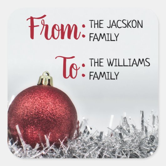 Sticker Carré Boule rouge de Noël avec guirlande d'argent (Devant)