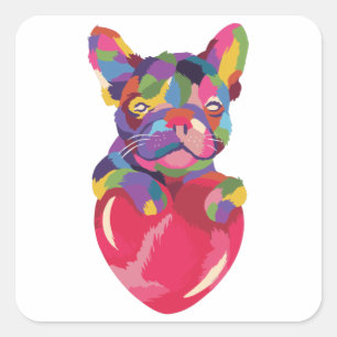 Sticker Carré Bouledogue français avec cœur rouge coloré