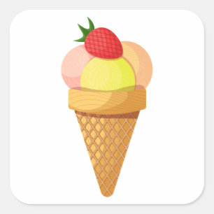 Sticker Carré Boules de crème glacée et fraise en cône gaufre