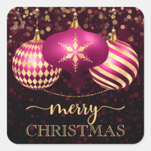 Sticker Carré Boules de Noël Élégantes Rose Chaud et Or Joyeux N