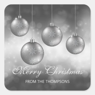 Sticker Carré Boules de Noël Gris Argent Avec Texte Personnalisé