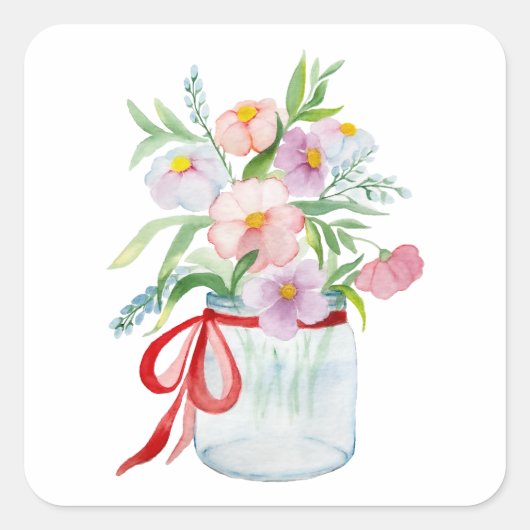 Sticker Carré Bouquet d'aquarelle de fleurs dans un vase avec un (Devant)