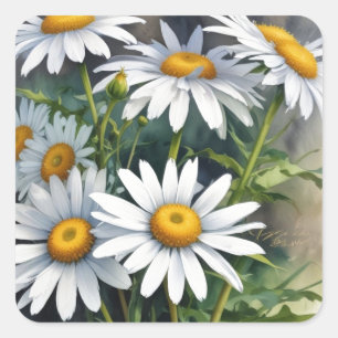 Sticker Carré Bouquet de fleurs élégant aquarelle de pâquerettes