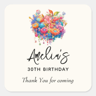 Sticker Carré Bouquet de fleurs Orange & Bleu Merci d'anniversai