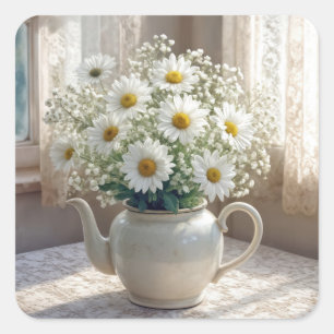 Sticker Carré Bouquet de marguerites dans une antique théière
