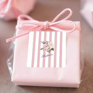 Sticker Carré Bouquet de roses rayées rose-chic du pays Monogram