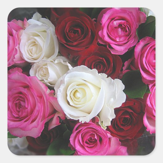 Sticker Carré Bouquet de roses roses roses, blanches et rouges - (Devant)