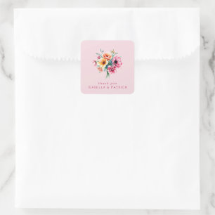 Sticker Carré Bouquet Floral Aquarelle Rose Romantique