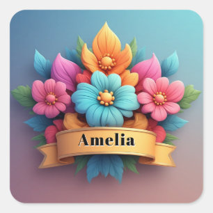 Sticker Carré Bouquet Floral Avec Bannière Ruban 🌸