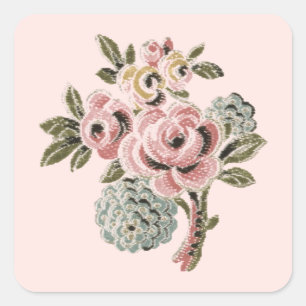 Sticker Carré Bouquet Floral Botanique de Rose Rose Vintage
