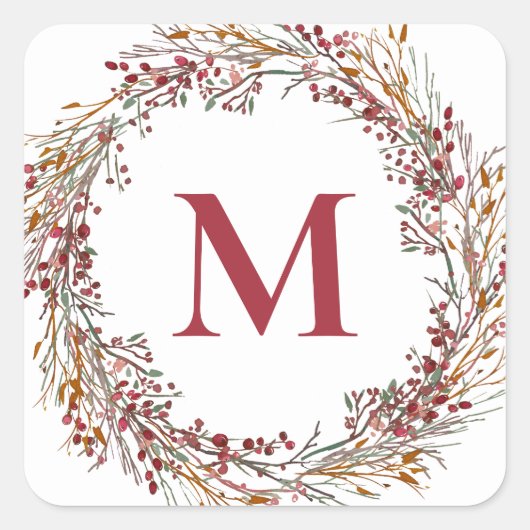 Sticker Carré Bourgogne Berries Wreath Monogram Holiday (Devant)