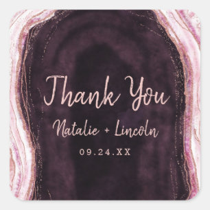 Sticker Carré Bourgogne et Rose Gold Geode Agate Mariage Merci