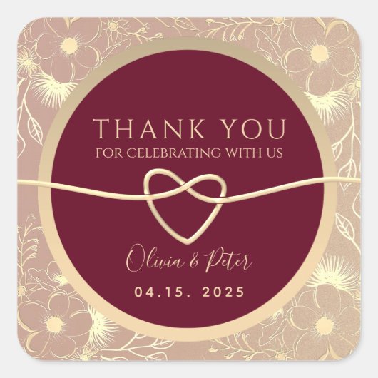 Sticker Carré Bourgogne Mariage Floral Merci Favoriser (Devant)