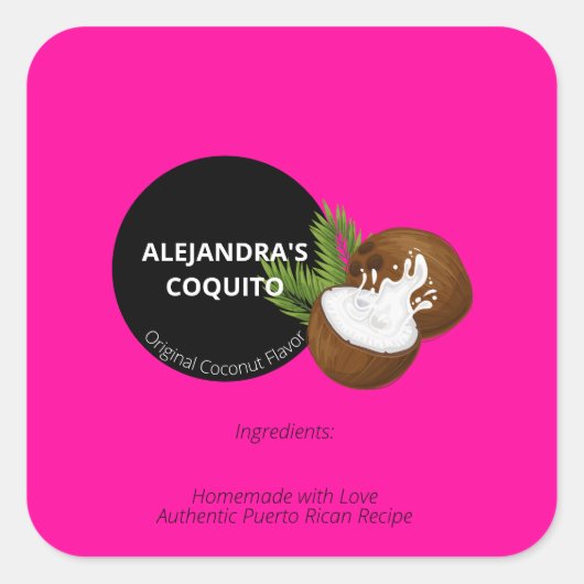 Sticker Carré Bouteille de Coquito Rose Chaud Éclatant au Coco (Devant)