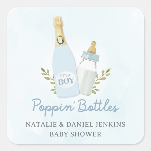 Sticker Carré Bouteilles Baby shower bleu (Devant)
