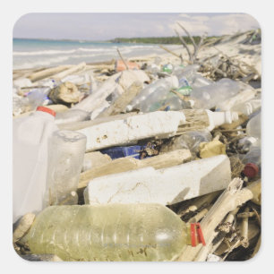 Sticker Carré Bouteilles en plastique et déversement océanique s