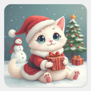 Sticker Carré Bouton blanc de chat de Noël