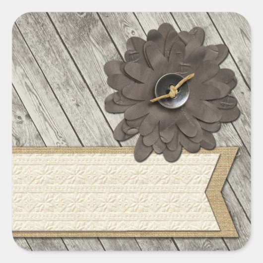 Sticker Carré Bouton de bois rustique Fleur de tissu et Burlap d (Devant)