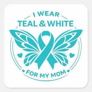Sticker Carré Bouton Je Porte le Turquoise & Blanc pour Ma Mère