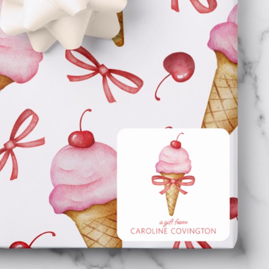Sticker Carré Bow Aquarelle Pink Ice Cream Cone Enceinte Cadeau