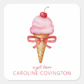 Sticker Carré Bow Aquarelle Pink Ice Cream Cone Enceinte Cadeau (Devant)