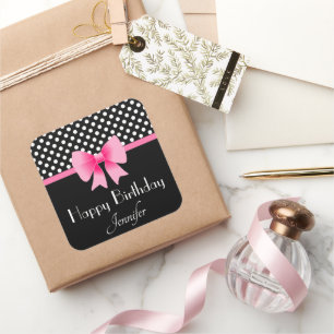 Sticker Carré Bow Rose Noir Et Blanc Pois Anniversaire