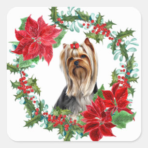 Sticker Carré Bow rouge Yorkshire Terrier Poinsettia Holly Wreat