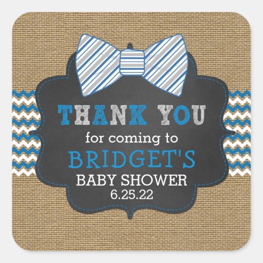 Sticker Carré Bowtie de burlap rustique merci, baby shower garço (Devant)