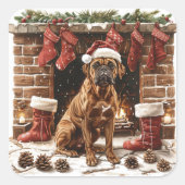 Sticker Carré Boxer au chapeau de Père Noël près de la cheminée  (Devant)