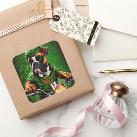 Sticker Carré Boxer Chien Conduite Vélo St. Patrick's Day (Cadeaux)