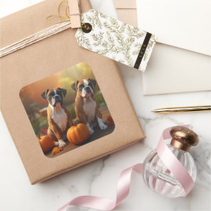 Sticker Carré Boxer chiot Automne Délice Citrouille
